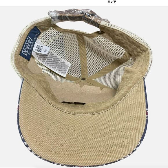 NWT Polo Ralph Lauren Embroidered Plaid Trucker Cap Hat Navy Off White RARE main image 4